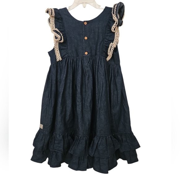 Eleanor Rose Lacey Dress Denim 100% Cotton Tiered Ruffle Hem Sz 8-10 - Picture 6 of 8